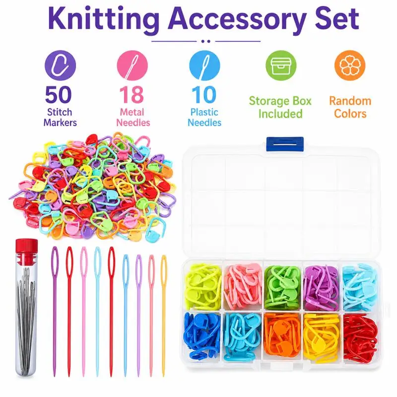 1~10 Boxen 10-fach Plastik-Maschenmarkierer, bunte Strickzubehörteile, Nadeln mit großem Öhrchen, DIY-Pullover-Strickset – Detail 1