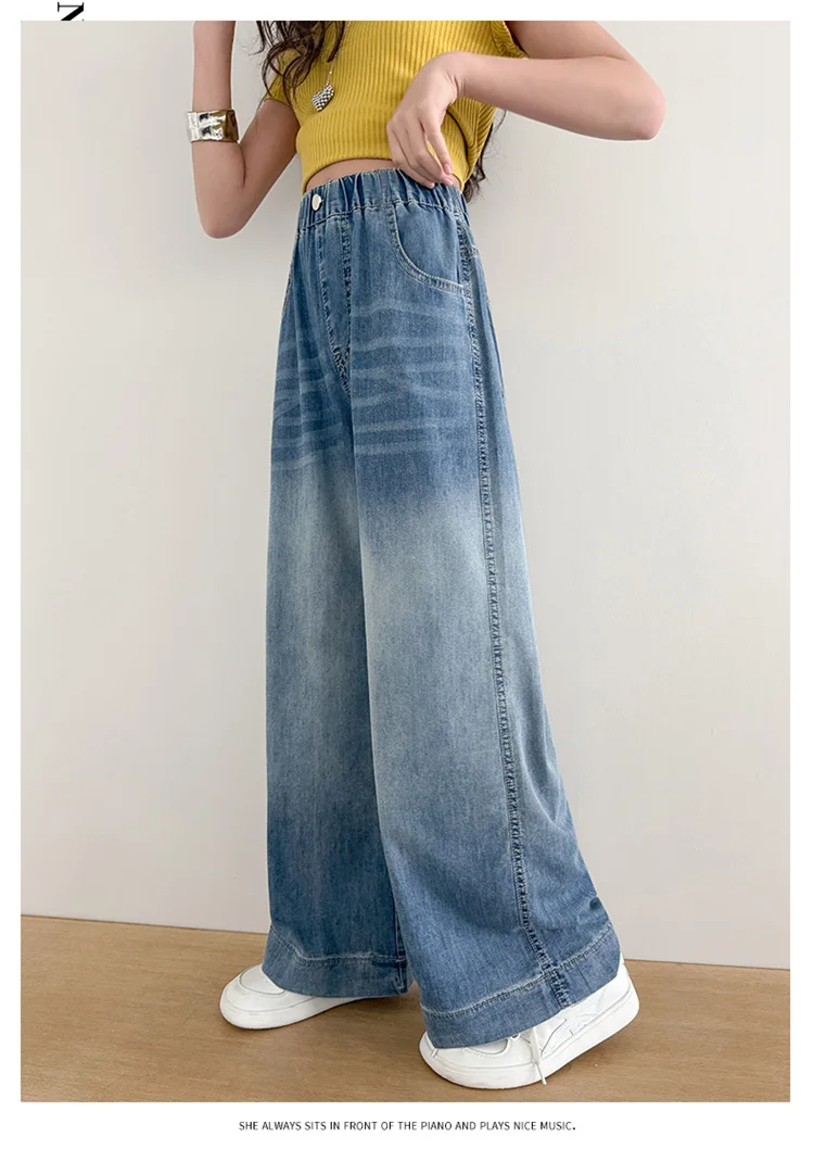 Mädchen Sommer Einfache Jeans 2026 Neue Dünne Weite Hosen Mittlere und Große Kinder Lose Gerade Freizeithosen für Kinder 5-14 Jahre – Detail 3