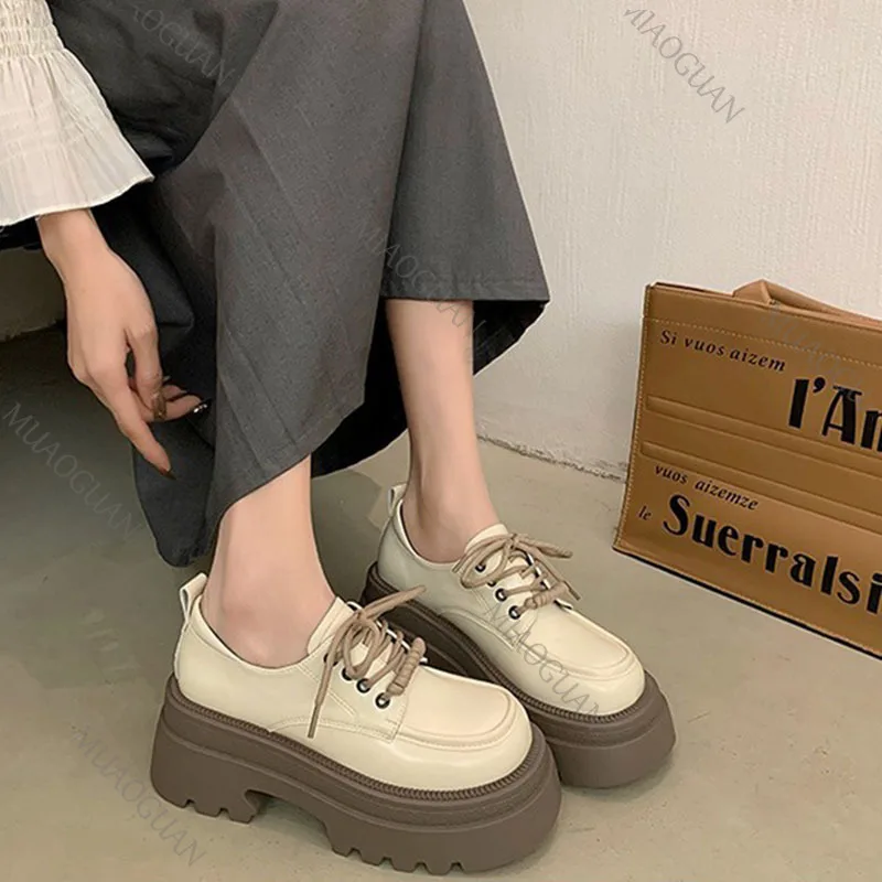 Women Spring Autumn Thick Bottom Leather Pumps Retro Round Head Lace Up Mary Janes Shoes Middle Heel Casual Loafers for Women