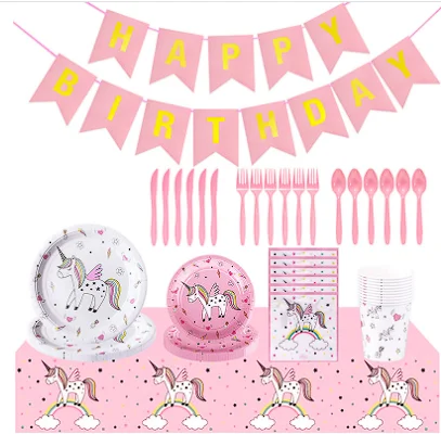 Cartoon rainbow unicorn children's themed birthday party decorations disposable tableware set