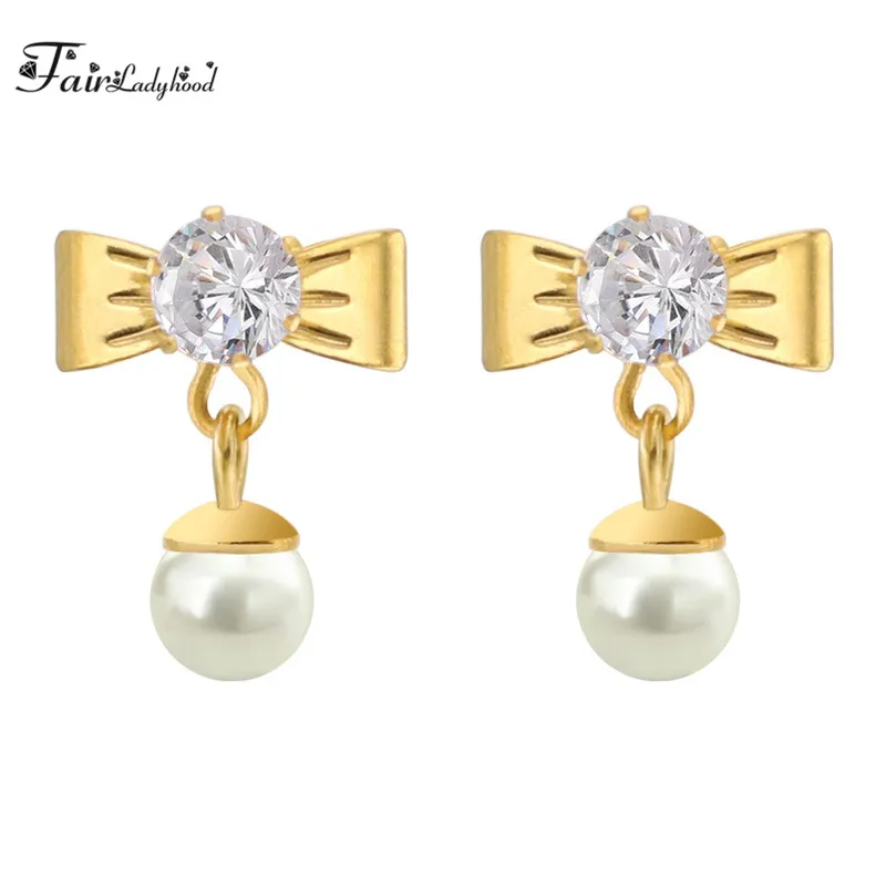 FairLadyHood Six Claws AAA White Zircon With Pearl Thin Needle Earrings Bow Fashion anti-allergic Stud Earrings