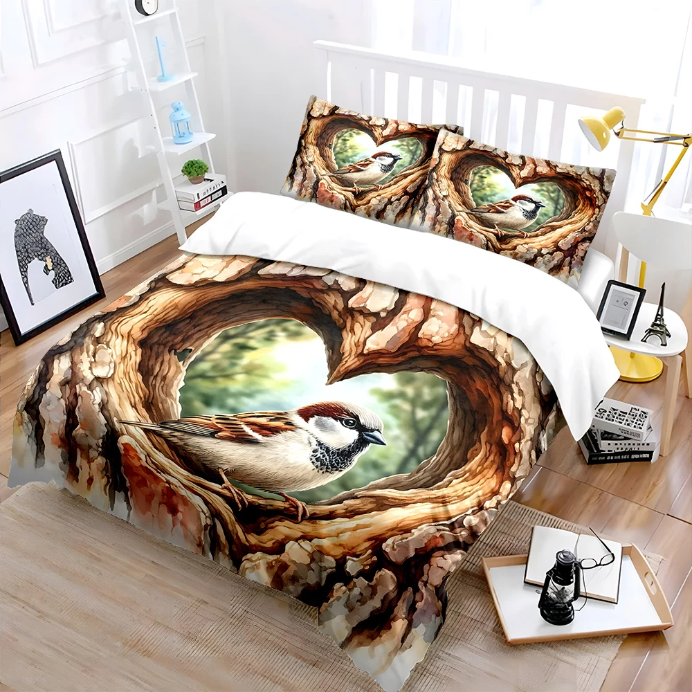 Sparrow in heart-shaped tree hole Print Soft Comfortable Duvet Cover Bedding Set Included 1*Duvet Cover  2*Pillowcases