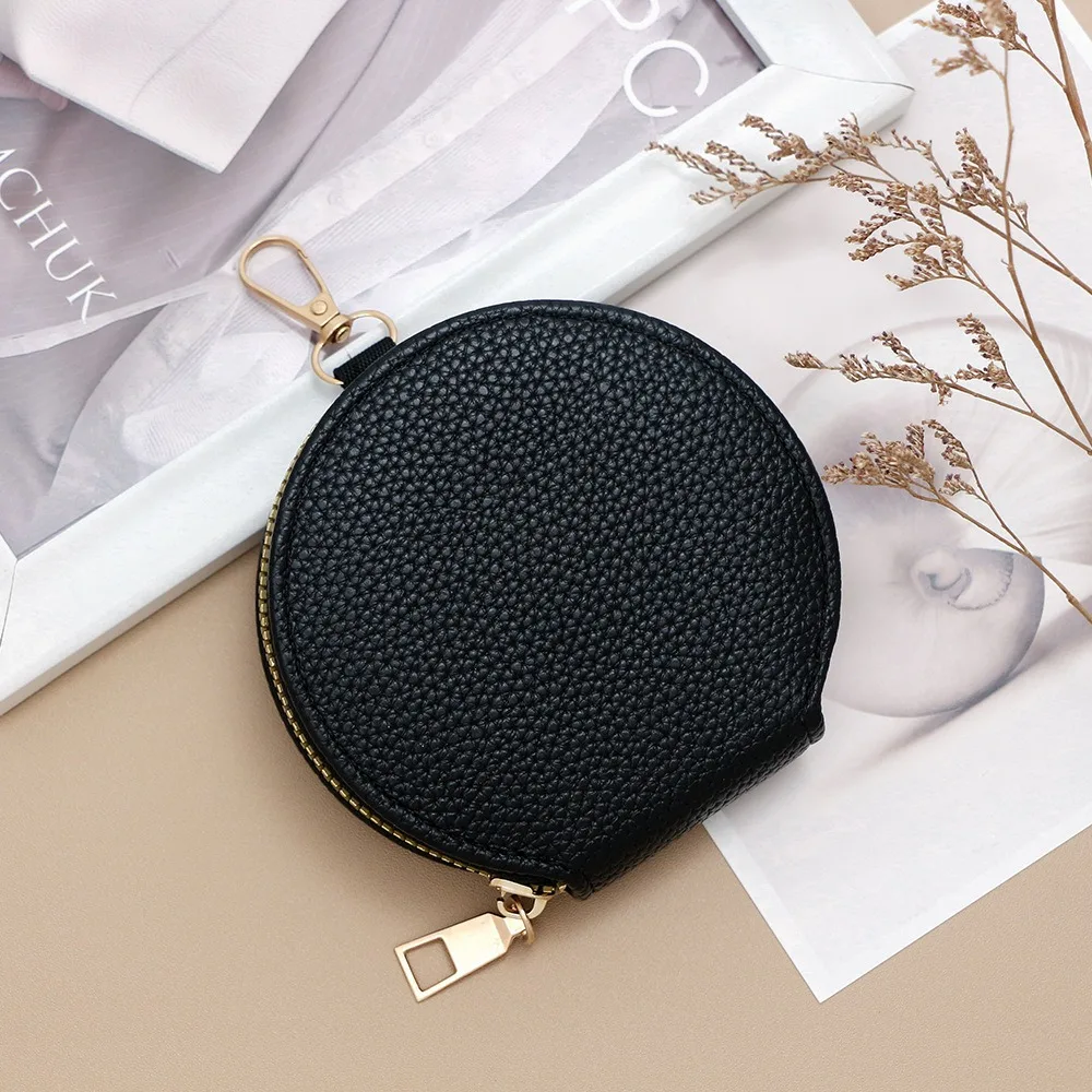 

Fashion PU Leather Round Wallet Zipper with Chain Card Holder Solid Color Money Bag Women Girls