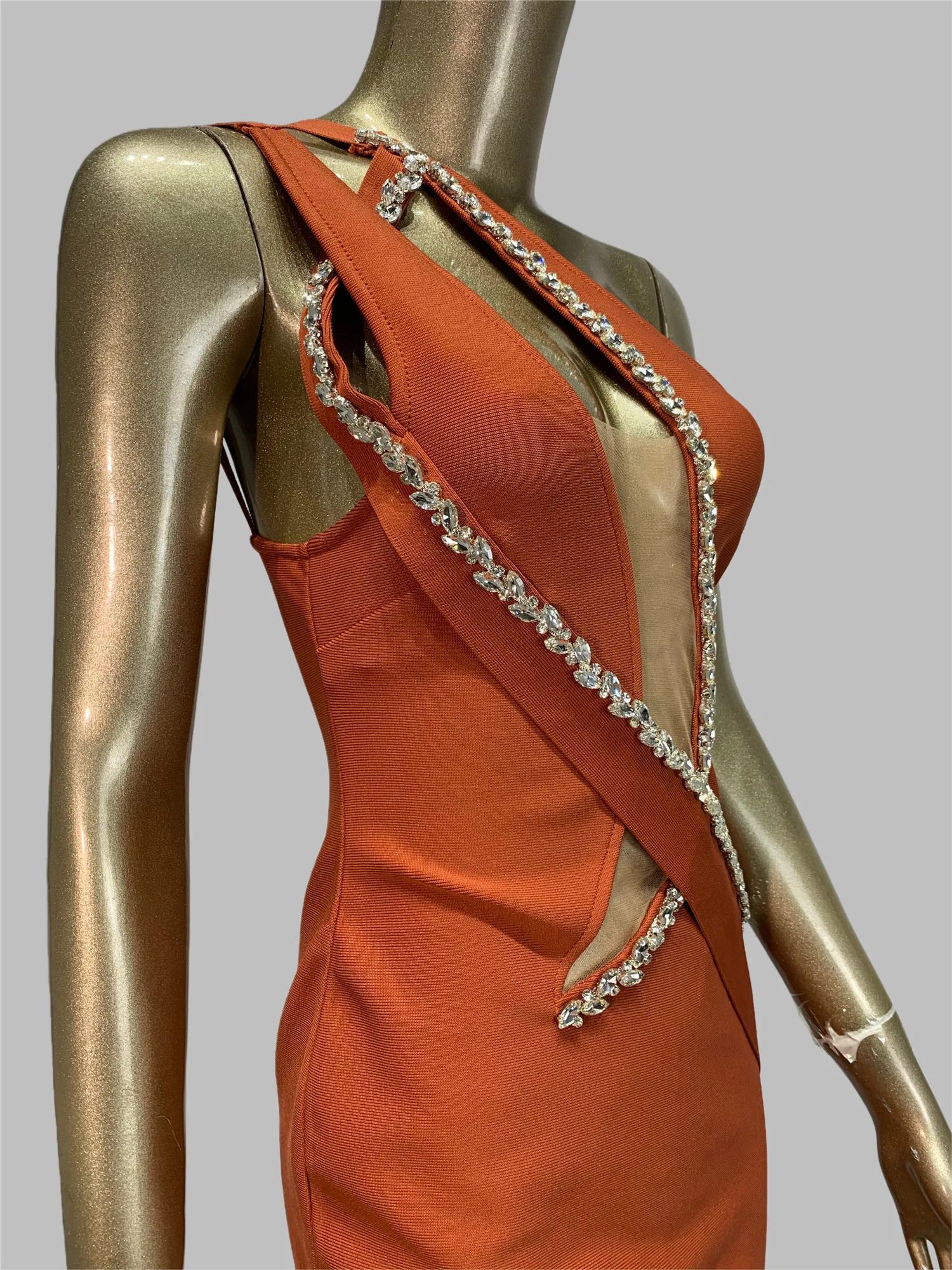 여성용 신상 디자이너 밴디지 드레스 크리스탈 컷아웃 튤 인세트 무릎 길이 바디콘 드레스 원피스 셀럽 이브닝 클럽 파티