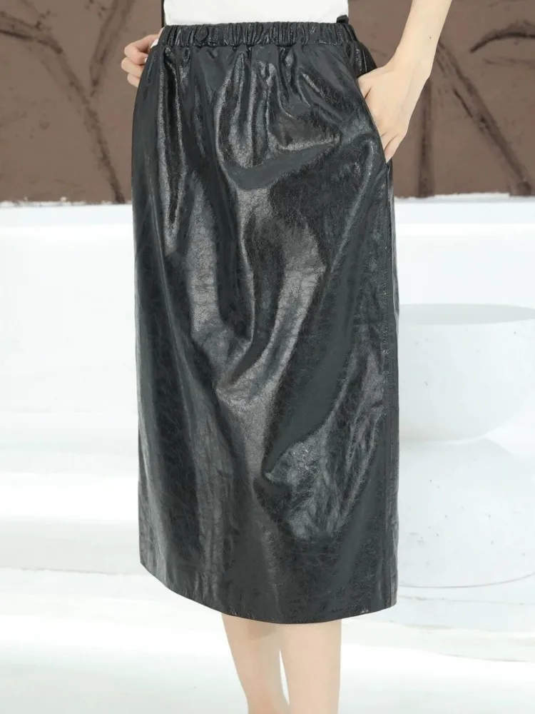 Streetwear Ladies Genuine Leather Fashion Elastic Waist Straight Skirt Versatile Slim Solid Color Sheepskin Button Skirts