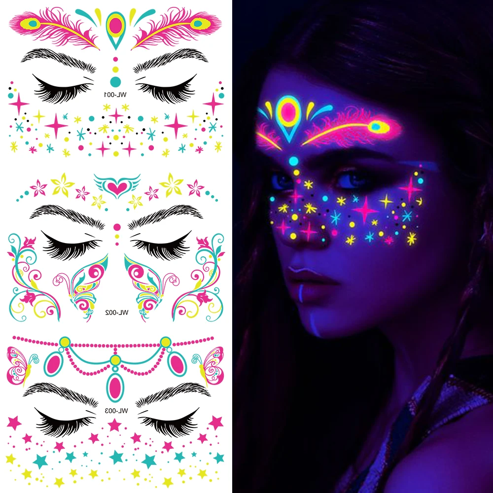 Pegatina de tatuaje facial brillante con luz UV, 1 piezas, 15,5 cm x 14,2, mariposa fluorescente de neón, impermeable