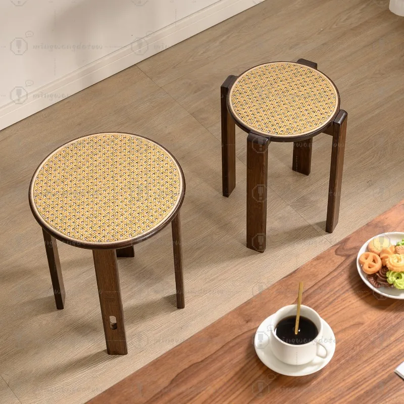 Stackable Rattan Woven Round Stool, Household Low Stool, 4-in-1 Windmill Stool Set for Living Room