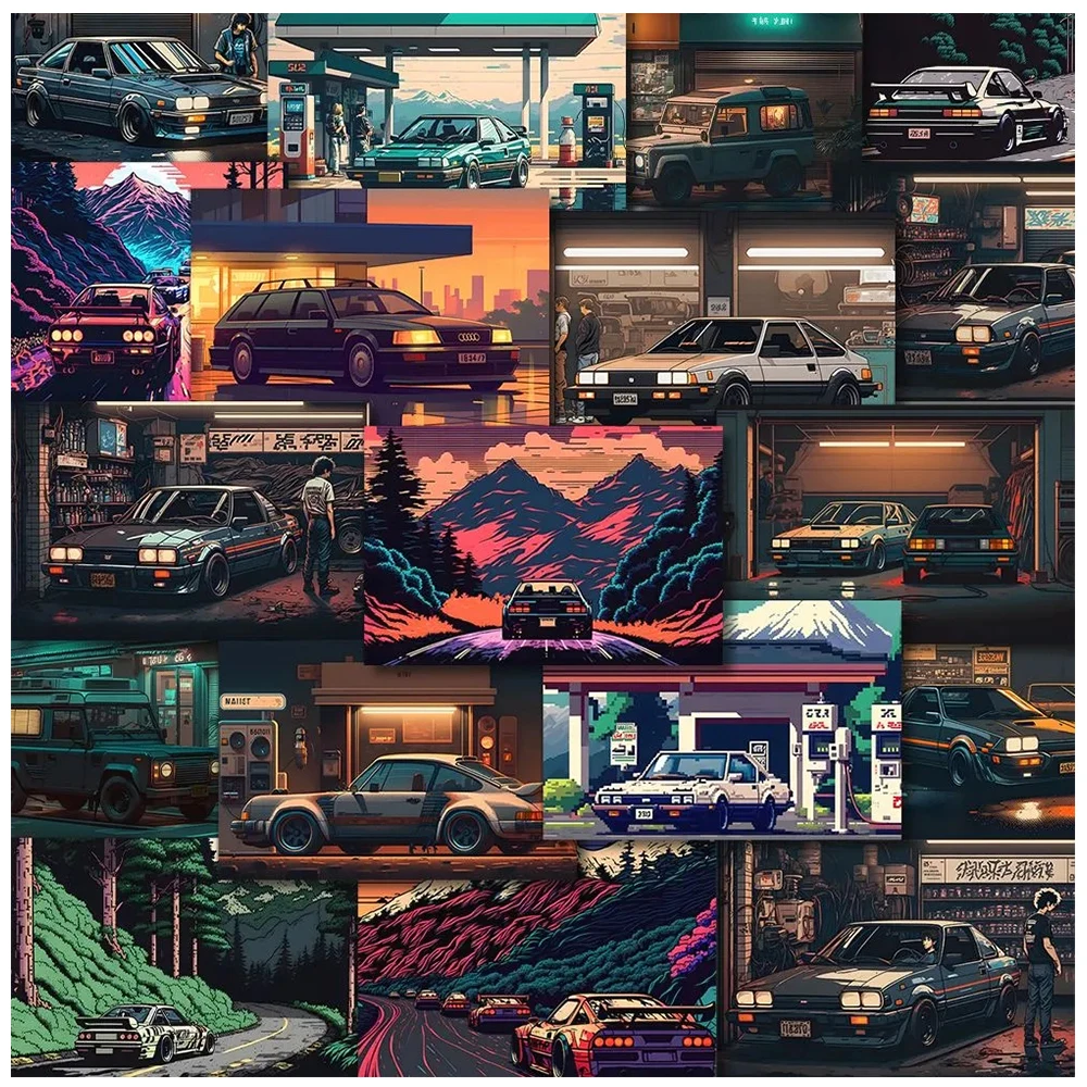 10/30/54pcs Cool Vintage JDM Posters Stickers Pixels Style Car Anime Sticker Laptop Skateboard Motorcycle Waterproof Kids Decal