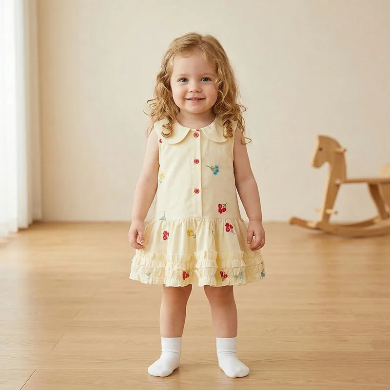 Toddler Baby Girls Yellow Floral Print Dress Summer Infant Sleeveless Sundress Newborn Cute Casual Cherry Flower Outfit Kid 0-4T