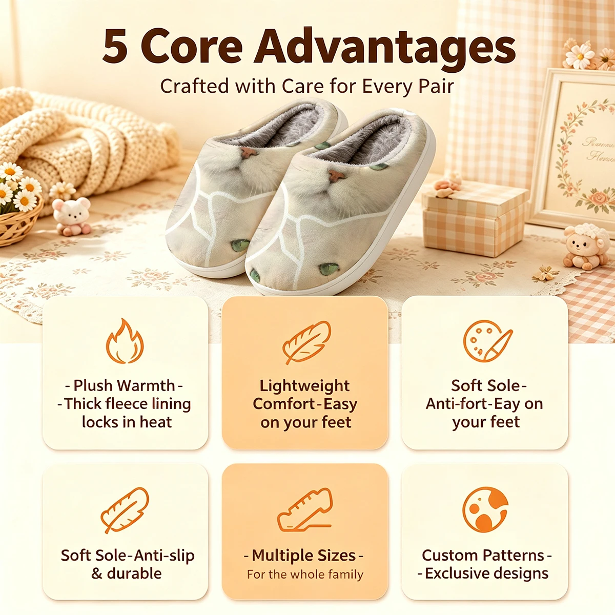 White Cat Sticker Christmas White Slippers Warm Plush Indoor Shoes Non-Slip Winter Slippers Family Holiday Gifts Soft view 4