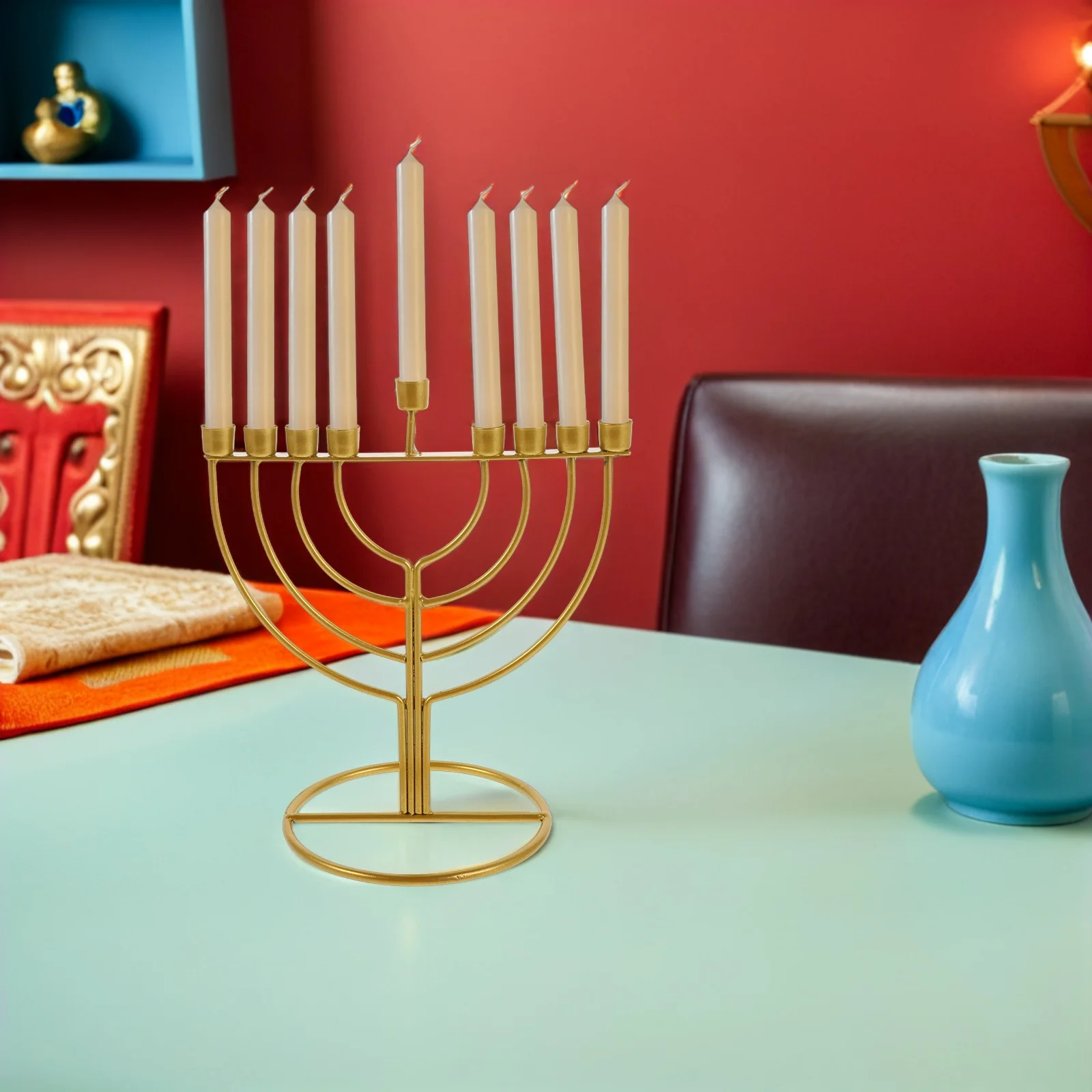 Chanukka Menorah Kerzenständer 9-Zweig Retro Legierung Säulenständer für Tischdekoration Vintage jüdischer religiöser Halter