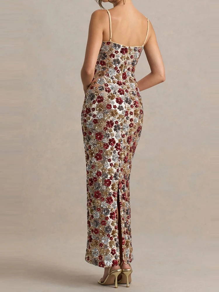 Robe de soirée élégante à paillettes, Slim, à bretelles, Sexy, sans manches, épaules dénudées, mode, taille haute, fendue, longue