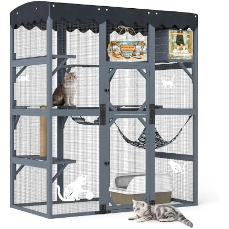 72-inch weatherproof outdoor catio with multi-tier layout 7 climbing platforms 2 distinct bridges breathable mesh walls UV-resis