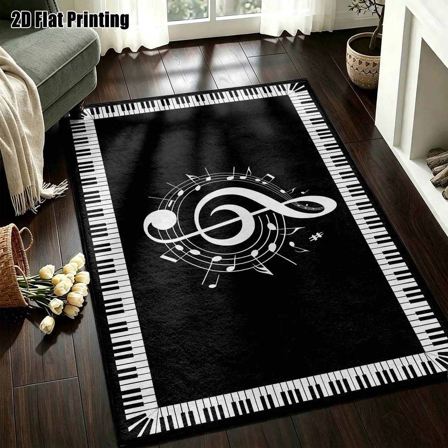 1Pc 2D Printed Carpet with Black and White Piano Note Patterns Nordic/Modern Minimalist/European Geometric Striped Carpet for Home Decor, Available in Multiple Sizes, Machine Washable, Suitable for Entryway/Dining Room/Foyer/Study/Living Room/Bedroom.