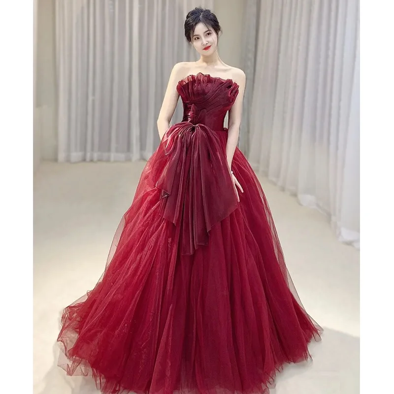 Elegant Celebrity Dress Burgundy Strapless Tulle Bow Pleated Ribbon Temperament Floor-length Women Evening Party Gowns High-end