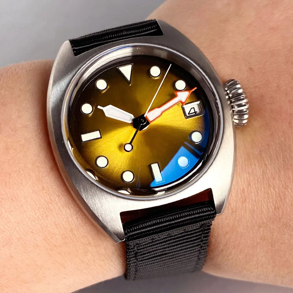 タンドリオ 36mm 新品 ブラックイエロー サンバースト 夜光 メンズ腕時計 スチールケース サファイアガラス NH35ムーブメント 20ATM防水 ナイロンバンド