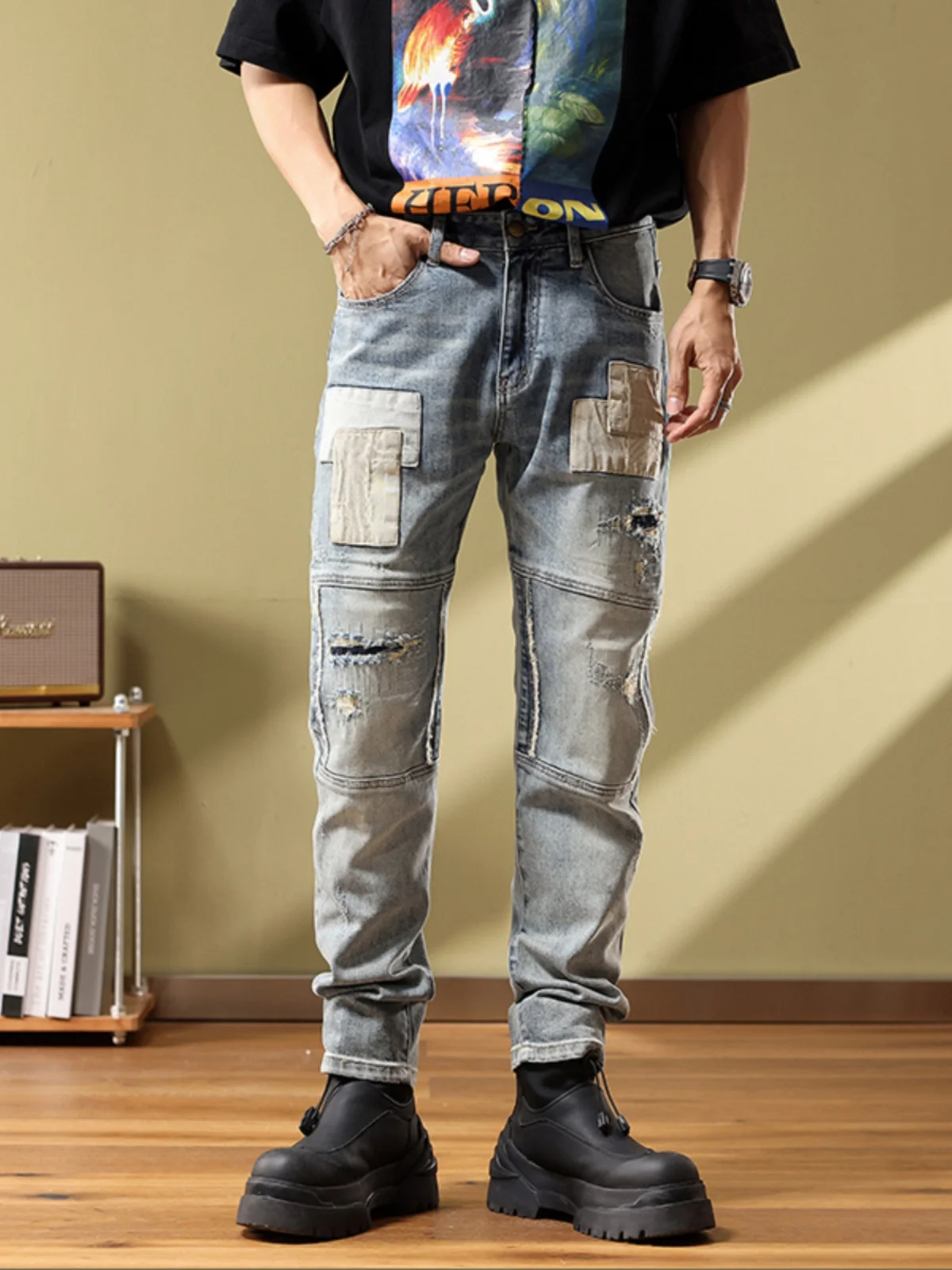 

Retro Style Men's Slim Fit Jeans Spring Autumn Patchwork Hole Patch Elastic Casual Long Pants Vintage Wear Resistant Straight...