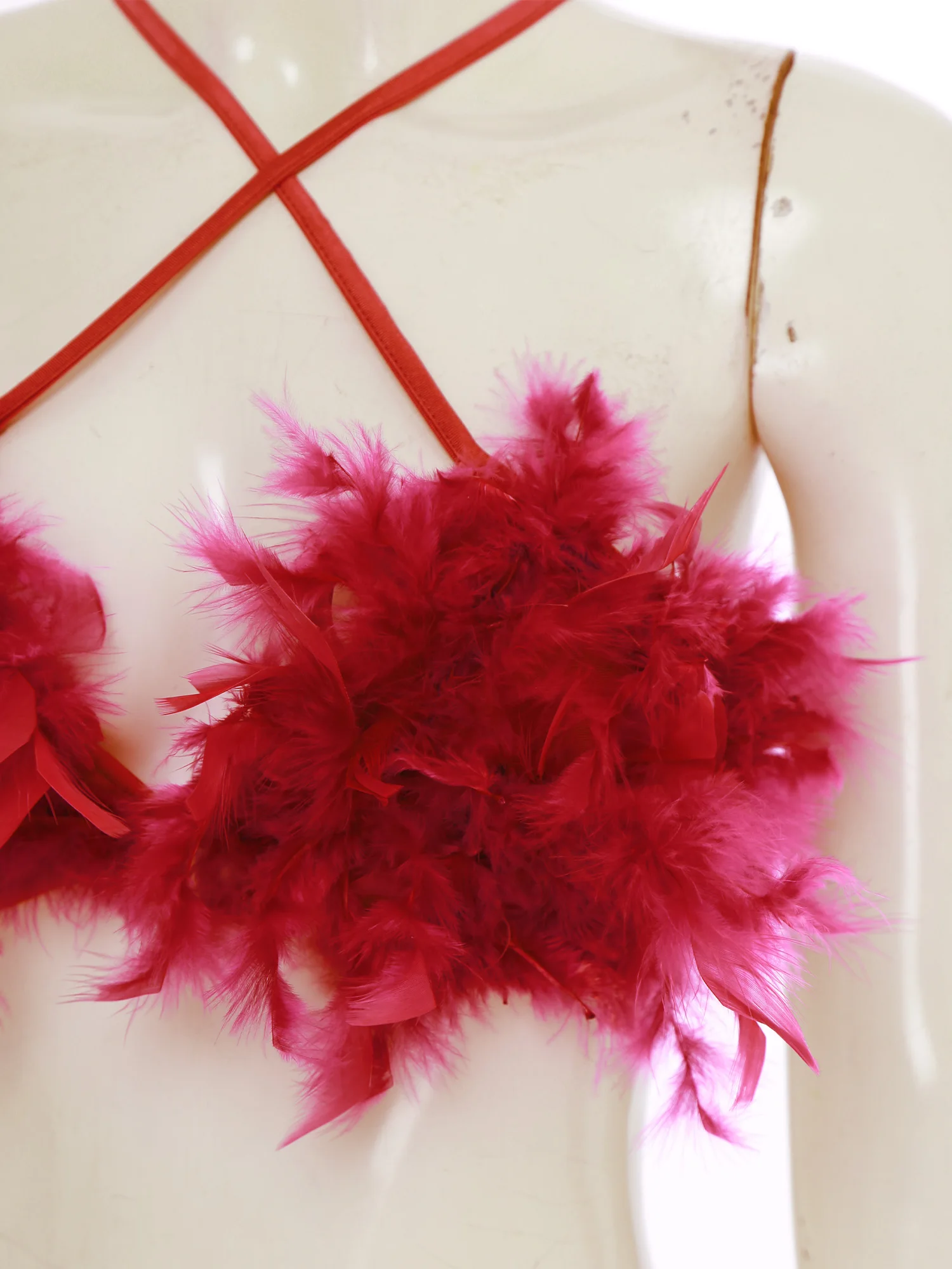 Womens Faux Feather Bikini Lingerie Set Front Crossing Removable Cups Bra Tops Side Tie Sexy Bedtime Clubwear Underwear Suit