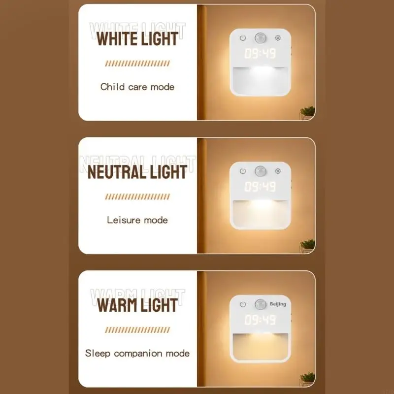 Bewegungsmelder-Nachtlicht mit Uhranzeige, 3 Farbtemperaturen, dimmbare Plug-in-Wandleuchte für Schlafzimmer, Flur, 37JD