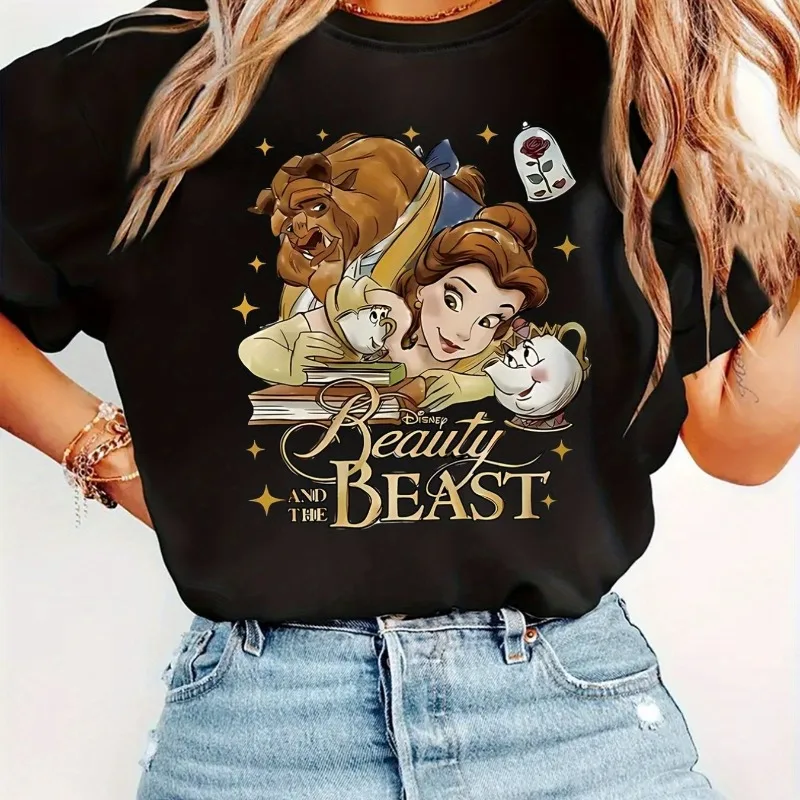 

Футболка с узором «Красавица и чудовище» Диснея, женская футболка, новая летняя мужская и женская повседневная модная уличная одежда