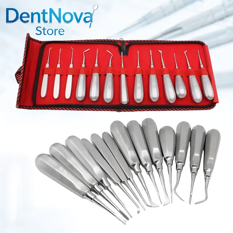 13PCS Dental Luxating Elevator Set Stainless Steel Thin Curved Root Elevators for Tooth Extraction Oral Surgery Implant
