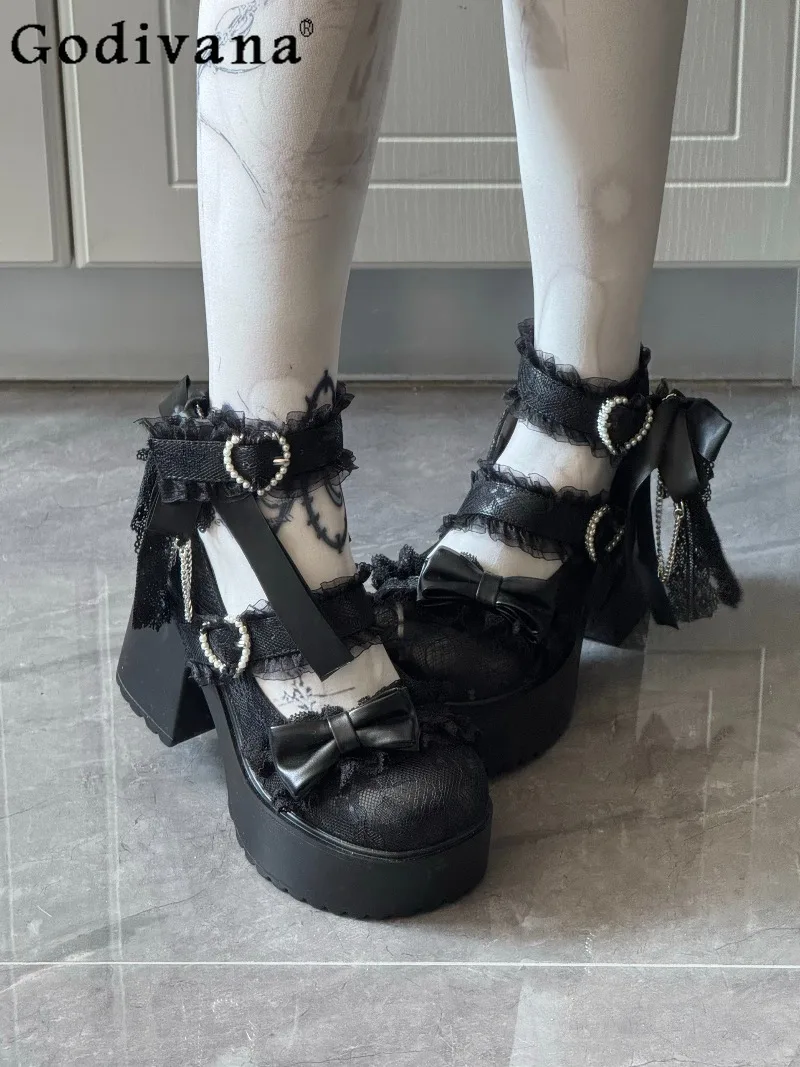 

Y2K Subculture Japanese Original Lolita Thick-Soled Platform Shoe Round Toe Chunky Heel Lace Bow Sweet Cool Girl Mary Jane Shoes