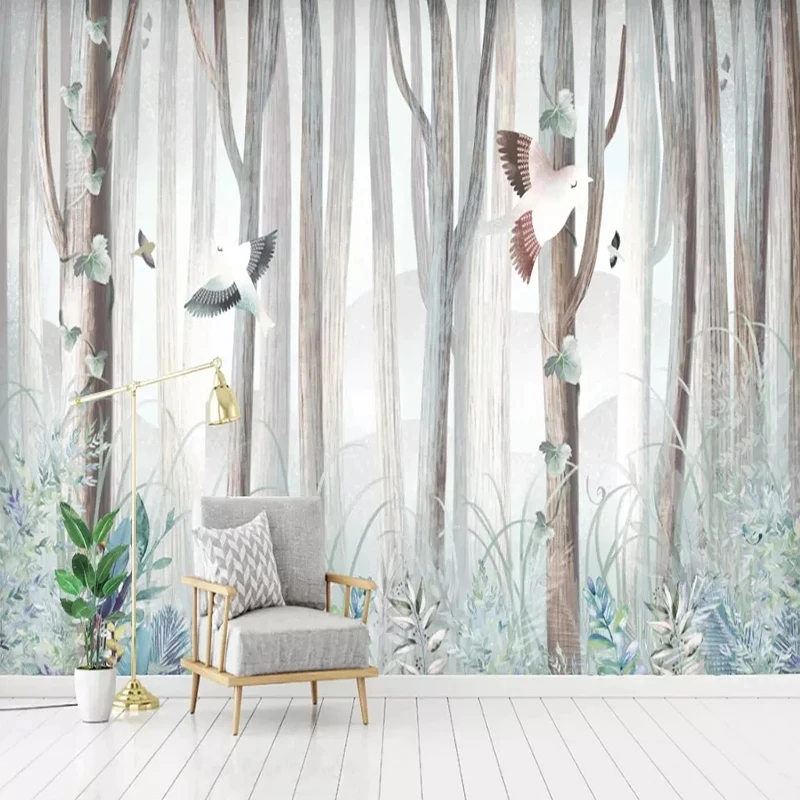Customized 3D Wallpaper Modern Simple Forest Tree Birds Animal Mural Cartoon Bedroom Living room TV background wall restaurant