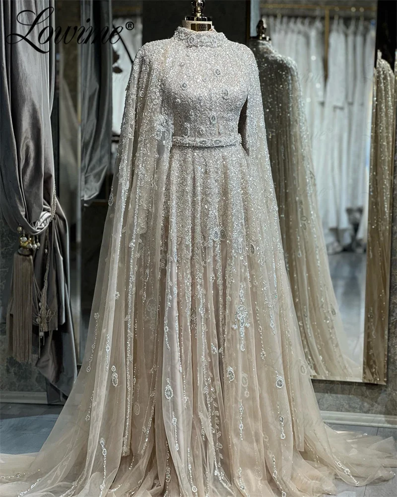 

Muslim Formal Heavy Beaded Crystals Long Sleeves Evening Dresses Champagne Prom Dress A Line Dubai Party Gowns Custom Made Robes
