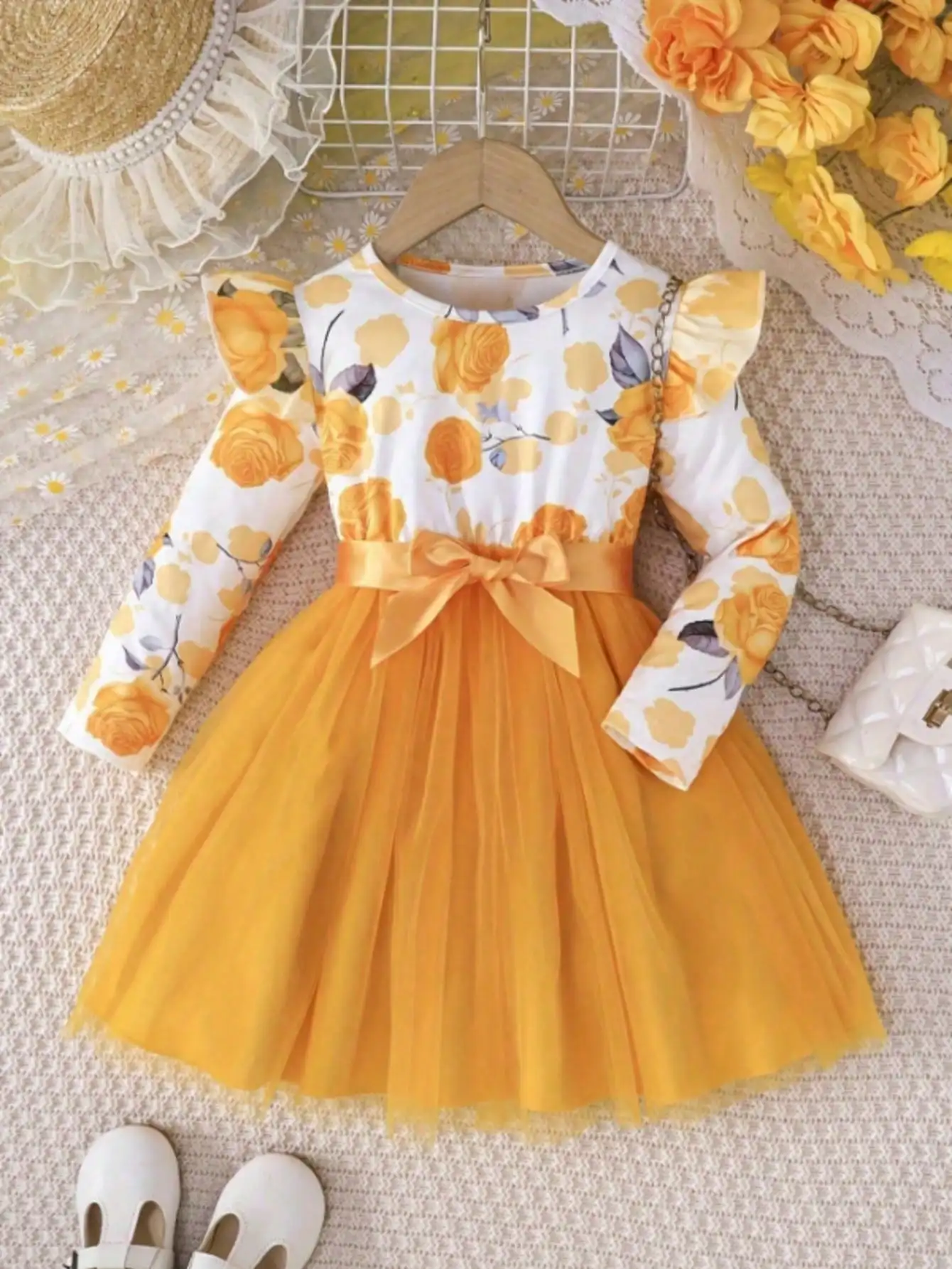 Children's floral print sheer long-sleeved dress with waistband, casual spring and autumn clothing, trendy style