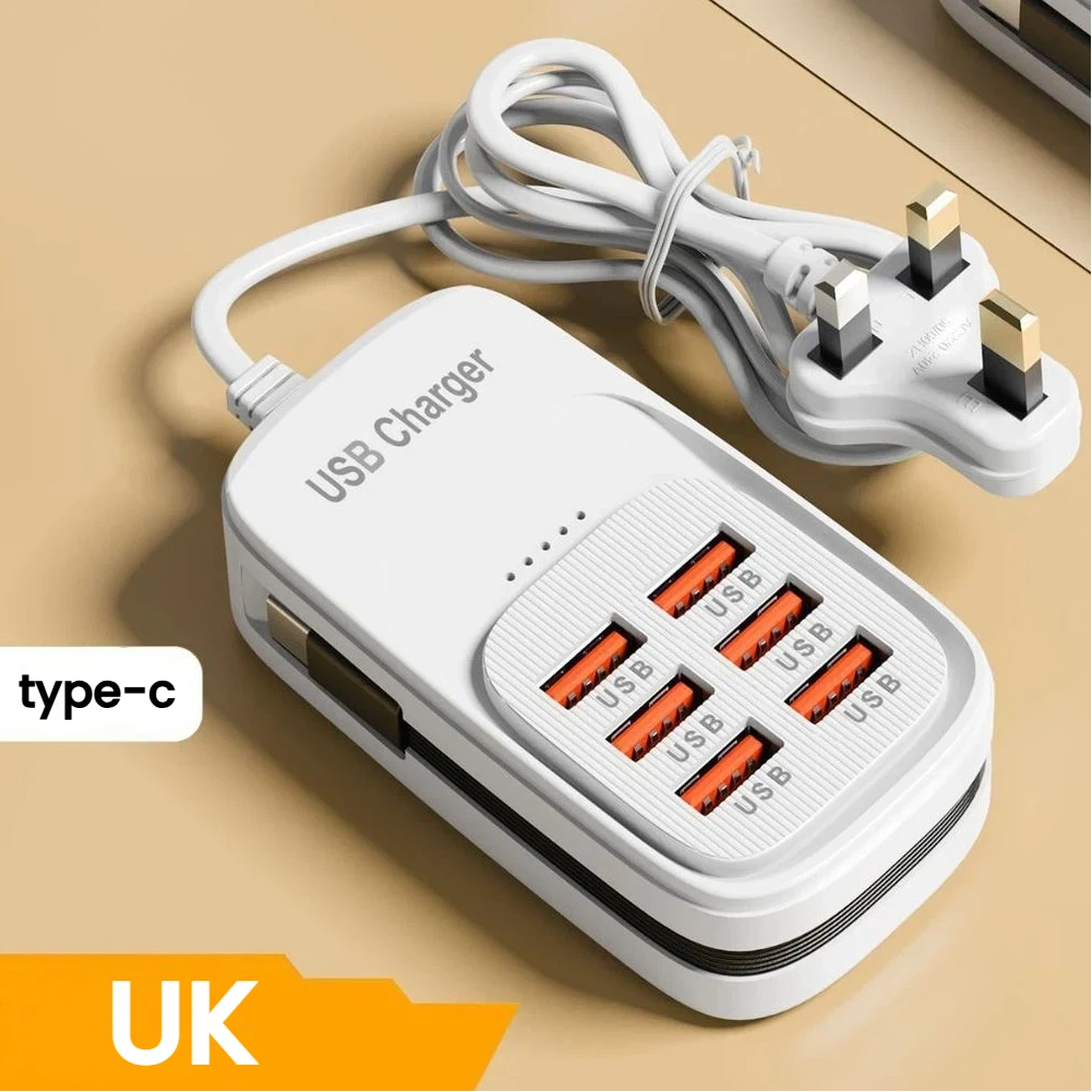 Snelle USB-lader 6-in-1 stekkerdoos bureau-oplaadstation snellaadkabel EU/UK/US stekker USB-hub adapter stopcontact 3PD 3USB