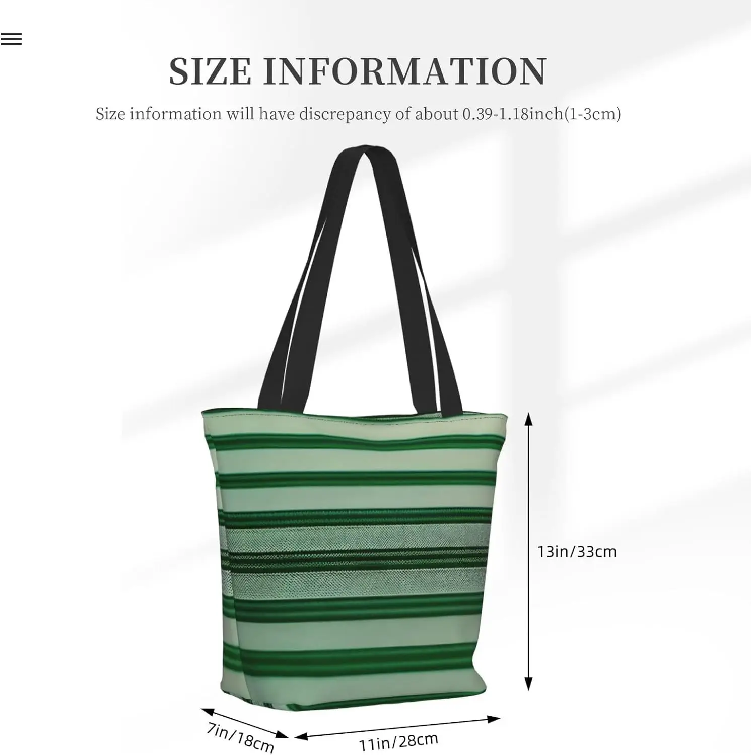 Green Striped Tote Bag with Zipper for Women Inside Mesh Pocket Heavy Duty Casual Anti-water Cloth Shoulder Handbag Outdoors