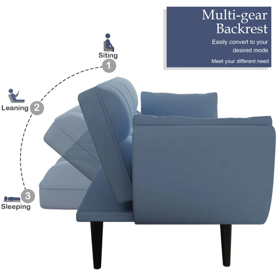 57 أريكة زرقاء ناعمة ومساند للذراعين وسادة رمي وسادة مريحة تناسب شقة غرفة نوم مساحة صغيرة