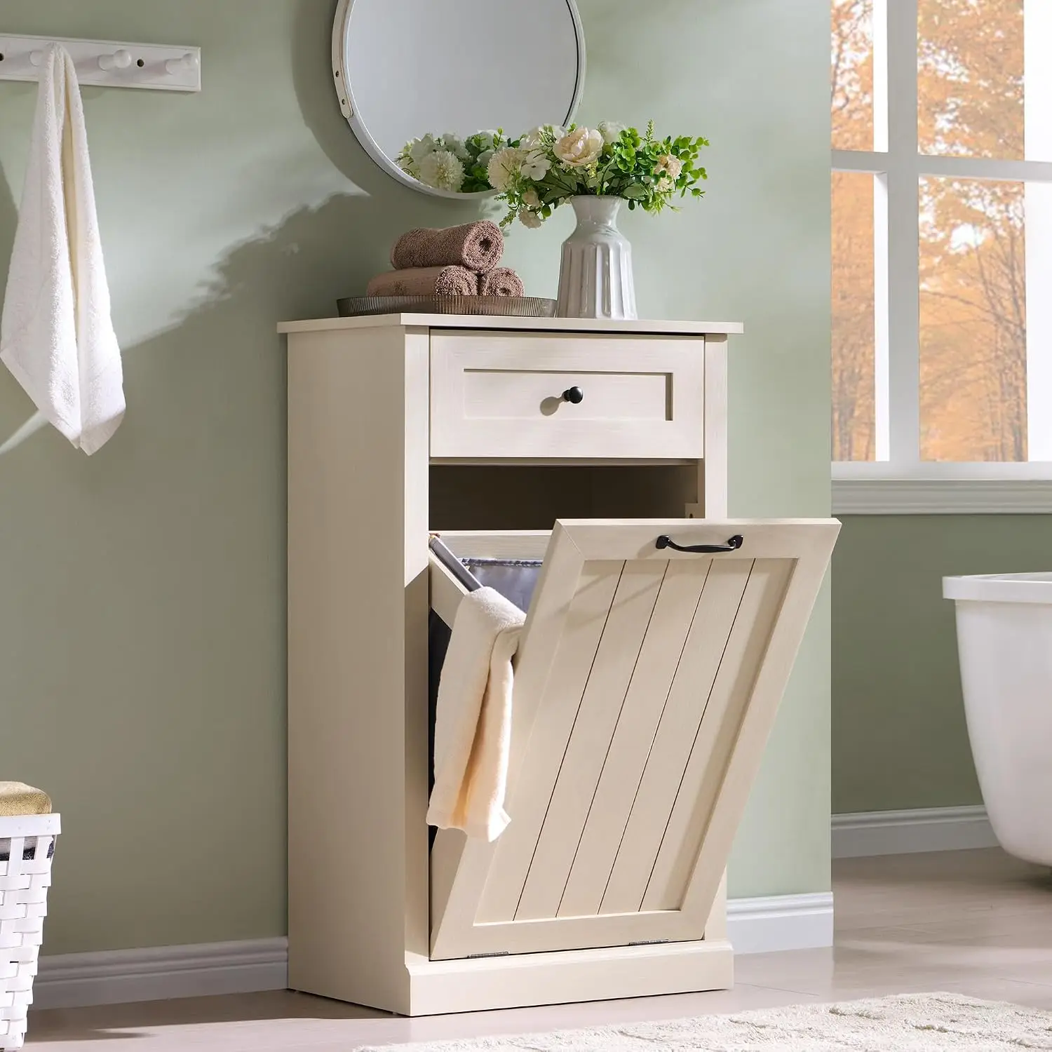 Tilt Out Laundry Hamper Cabinet, Trash Can Cabinet, Cream, Customized
