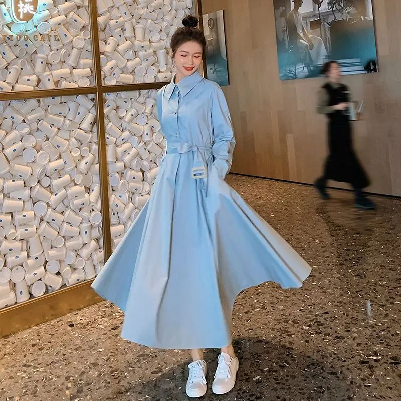 เสื้อเชิ้ตเดรสแขนยาวสีน้ำเงิน คอปกโปโล สำหรับผู้หญิง ดีไซน์เก๋ไก๋ สวยสง่า เหมาะสำหรับฤดูใบไม้ร่วงและฤดูหนาว คุณภาพสูง หรูหรา