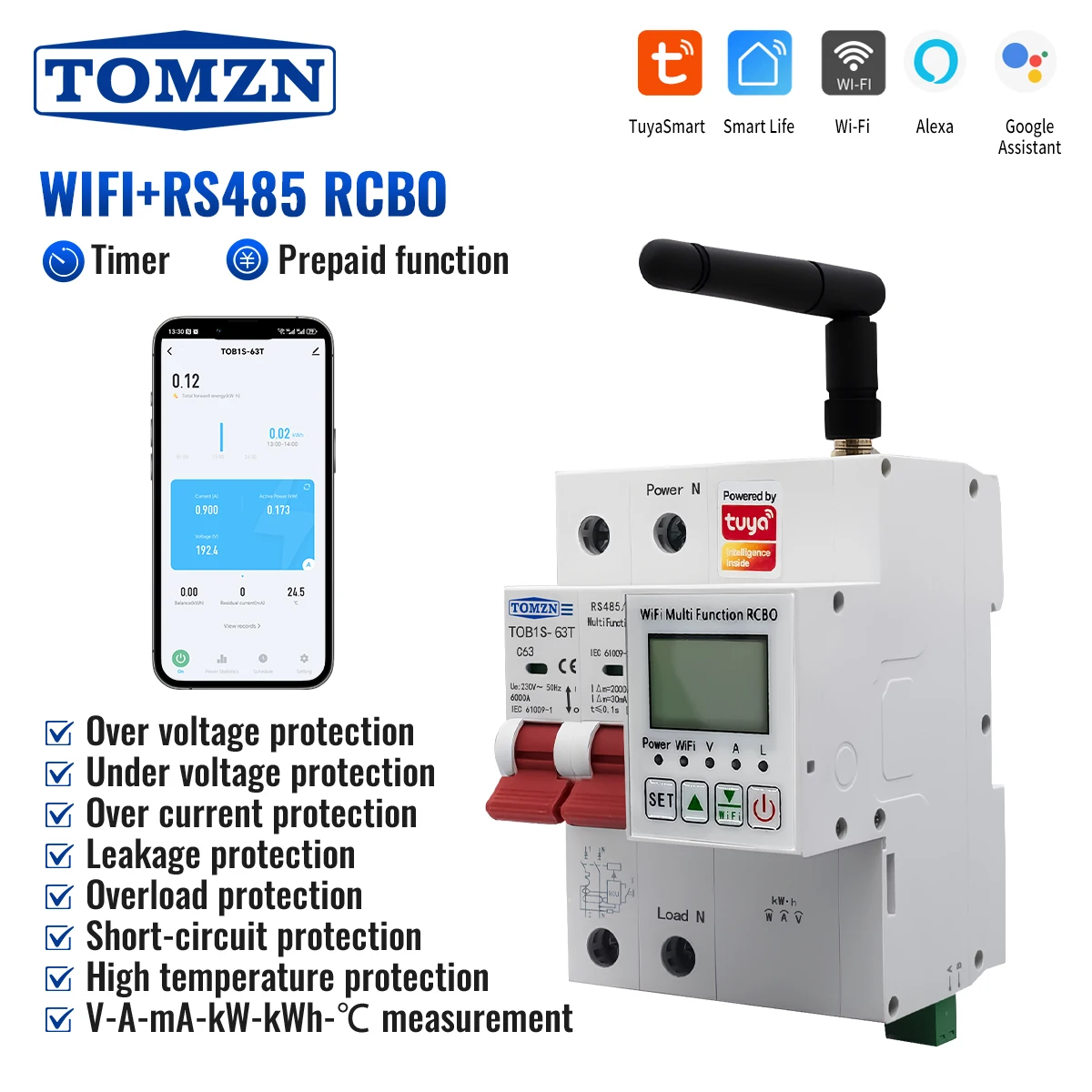 TOB1S-63T 2P 63A Short Circuit Protection OVP UVP OCP TOMZN Din Rail WIFI TUYA Smartlife V-A-Hz-kWh-Temp-leakage Display RCBO