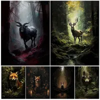 Black Wolf,Red Fox,Deer In Moody Forest Vintage Wall Art Gothic Victorian Magic Woodland  Canvas Painting Art Poster Print Decor
