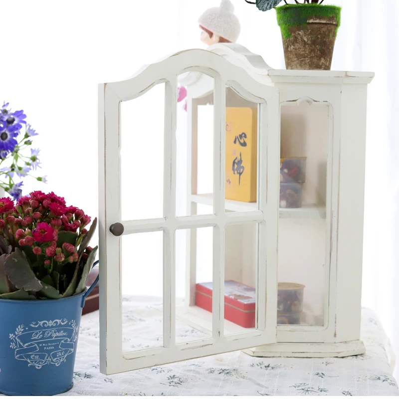 Vintage White Handmade Fir Wood Glass Display Small Tabletop Cabinet