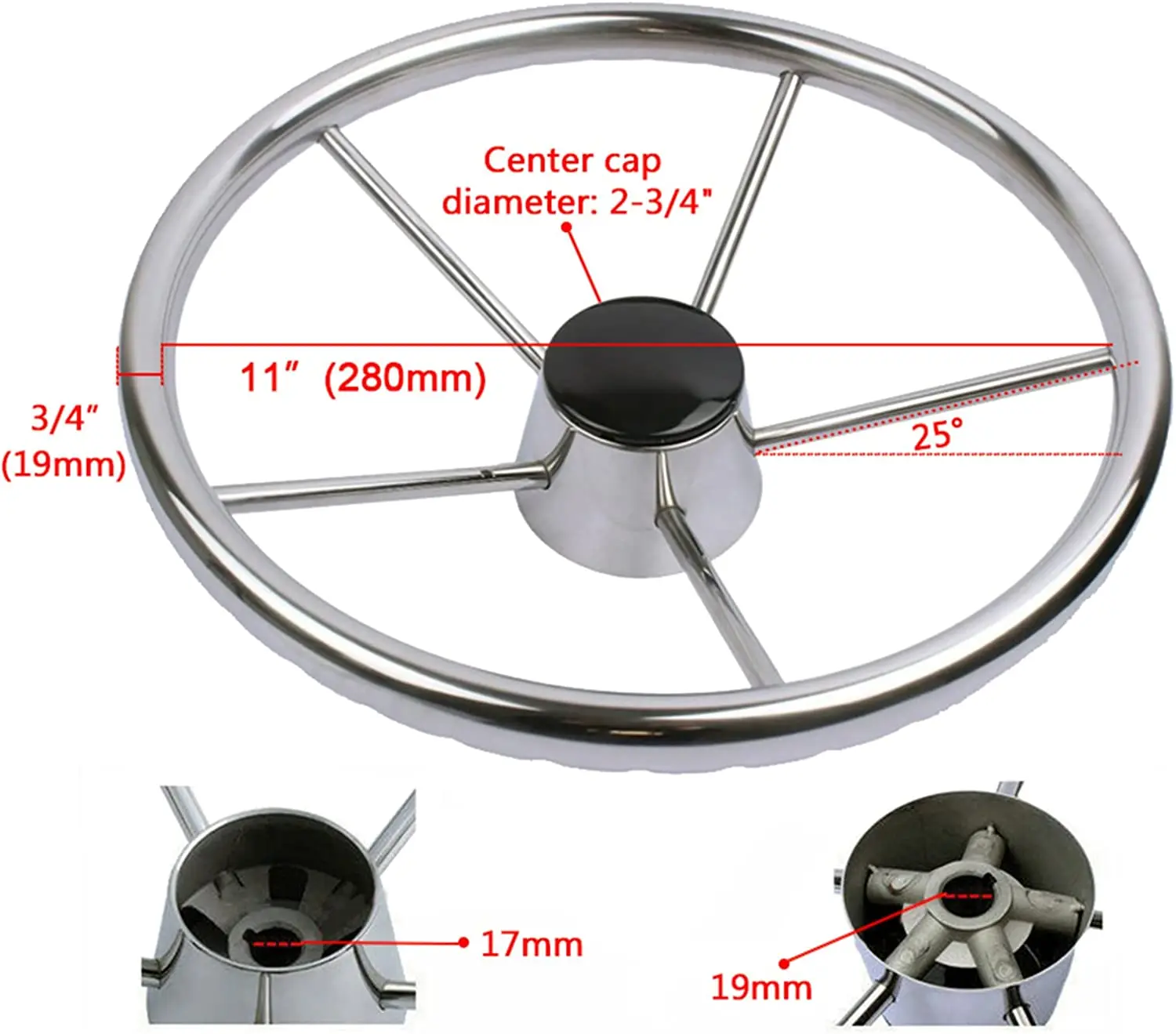 Boat Stainless Steel Steering Wheel Mirror Polished 11 /13.5 /15.5 Inch 5 Spoke Destroyer For Yacht Marine Accessories