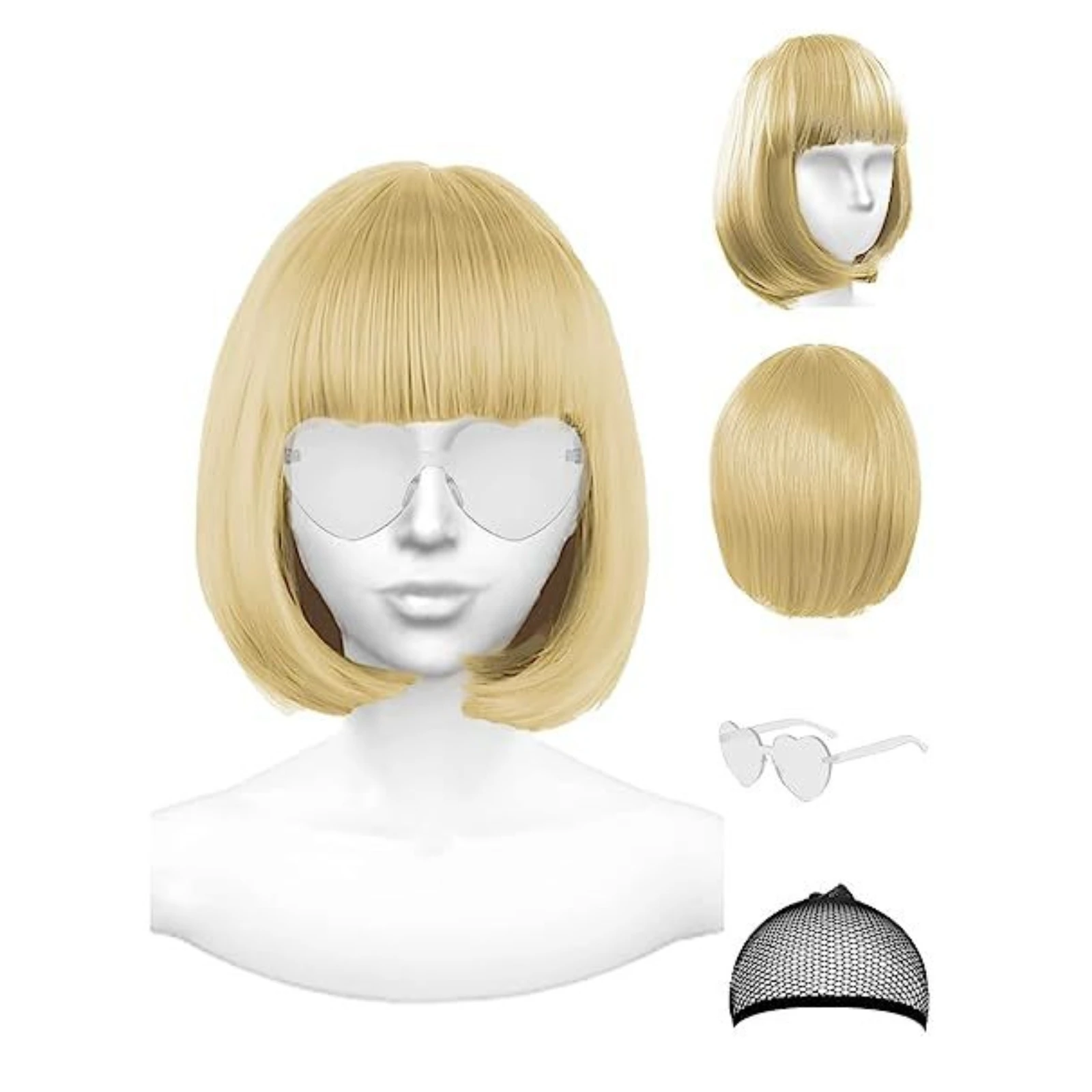 Parrucca cosplay Bob con occhiali da sole a cuore e berretto per capelli Parrucche corte colorate da donna Copricapo divertente Accessorio per feste in costume di Halloween
