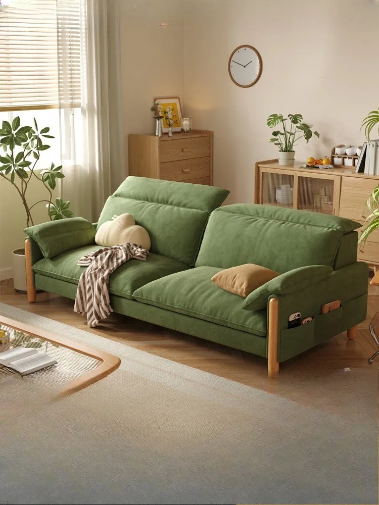 

Customized Nordic Japanese fabric sofa living room three people straight row removable and washable retro green solid wood sofa