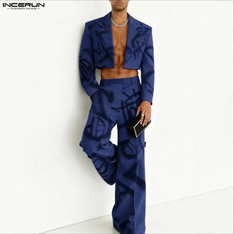INCERUN Men Sets Printing Lapel Long Sleeve Crop Blazer & Pants Two Pieces Sets Streetwear Personality Fashion Men Casual Suits