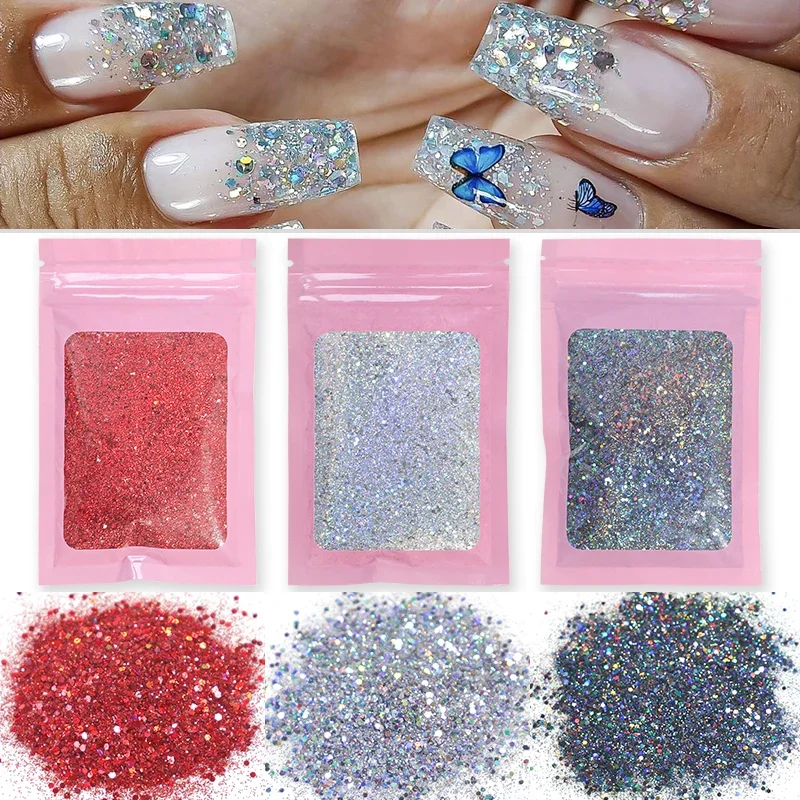 10g Holographic Laser Colorful Nail Glitter Nails Art Mixed Sequins Sparkly Mirror Chunky Flake 3D Paillette Manicure DIY Design