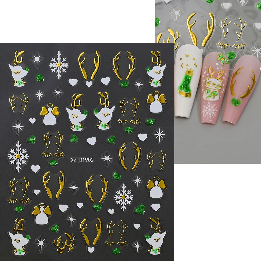 1Pcs 3D Weihnachten Grün Glitter Elch Kiefer Glocke Geschenk Nail art Aufkleber Nette Deer Selbst-klebe Sliders winter Weihnachten Maniküre Aufkleber