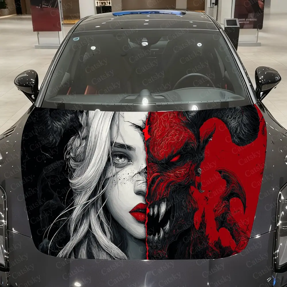 Split Face Demon & Beauty Car Vinyl Wrap, PVC Waterproof Car Hood Sticker, Self-Adhesive Scratch-Resistant Stickers