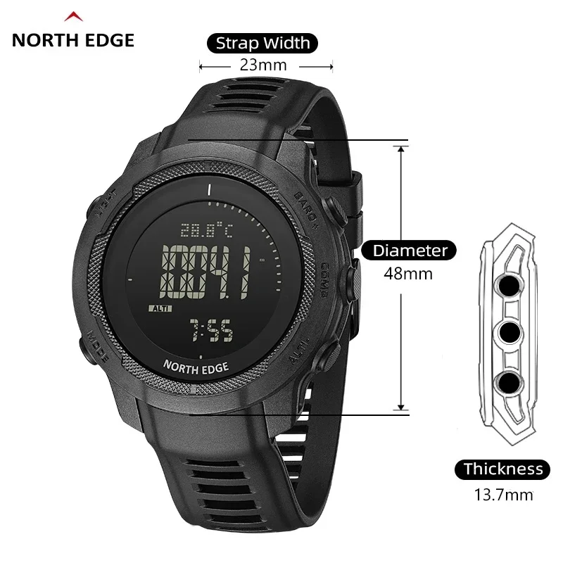 NORTH EDGE VERTICO Men's Digital Outdoor Sports Wristwatch, WR50M Waterproof Watch with Built-in Altimeter, Barometer and Compas