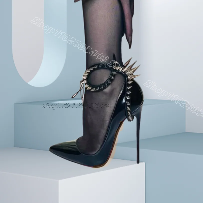 

Black Rivet Decor Stiletto Pumps Personality Patent Leather Pointed Toe British Style Fashion Women Shoes Zapatos Para Mujere