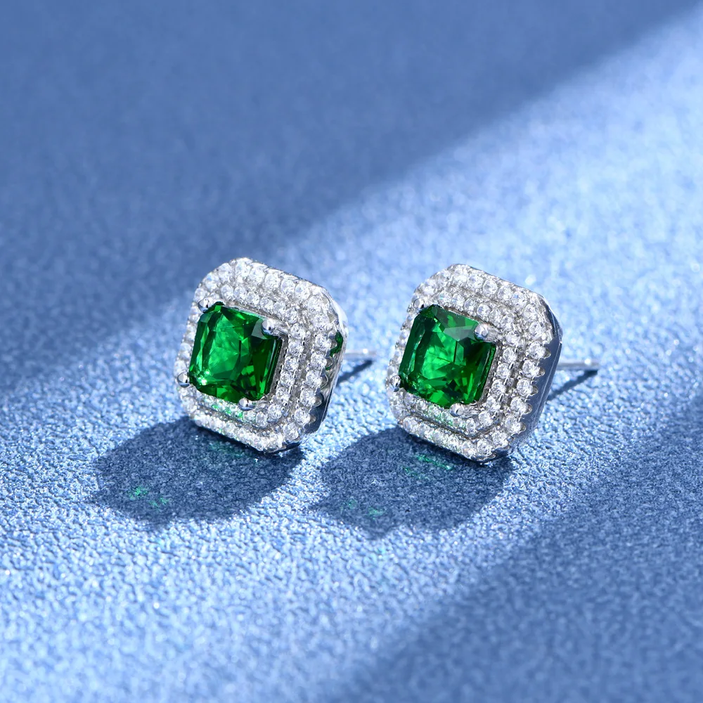 Zhenchengda Classic Square Micro Set Full Diamond Earrings S925 Sterling Silver Artificial Emerald Earrings