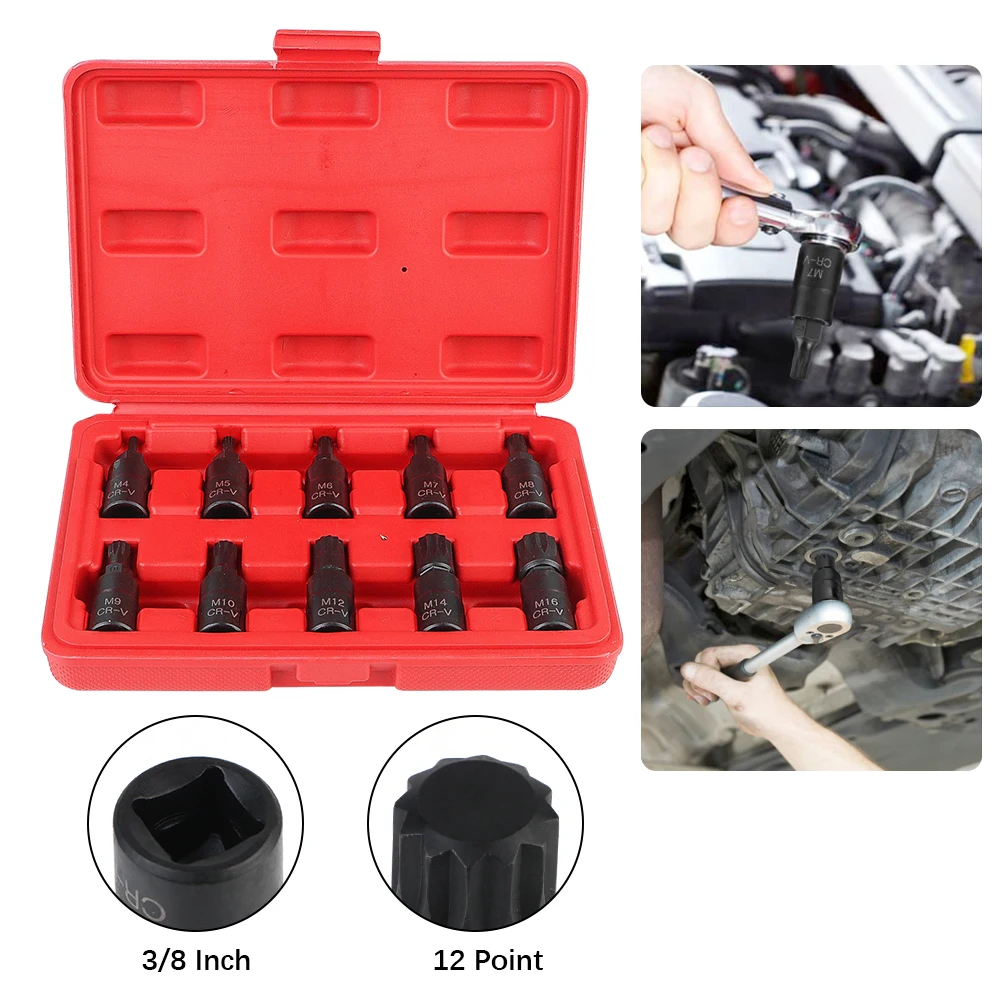 

10pcs 3/8 Inch Drive for Car 12 Point Torx Bit Socket Set Auto Accessories M4-M16 Premium Cr-Mo Steel Socket Wrench Tool