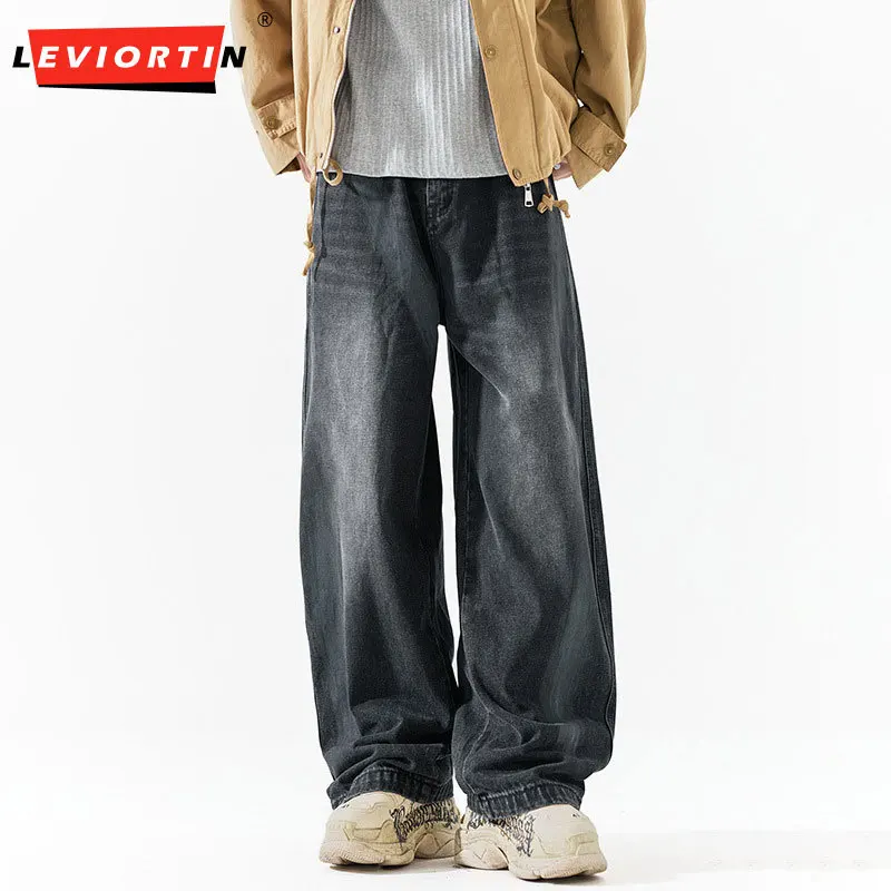 Men's Autumn Winter American Retro Washed Denim Curved Blade Jeans Japanese Trendy Loose Straight Leg Casual Streetwear Trousers