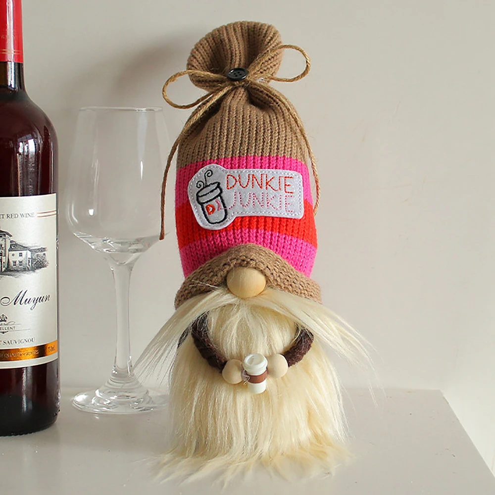 

Knitted Long Legged Faceless Doll Ornament Holding Red Wine Glass Wine Bottle Gnome Figurine Tabletop Ornament